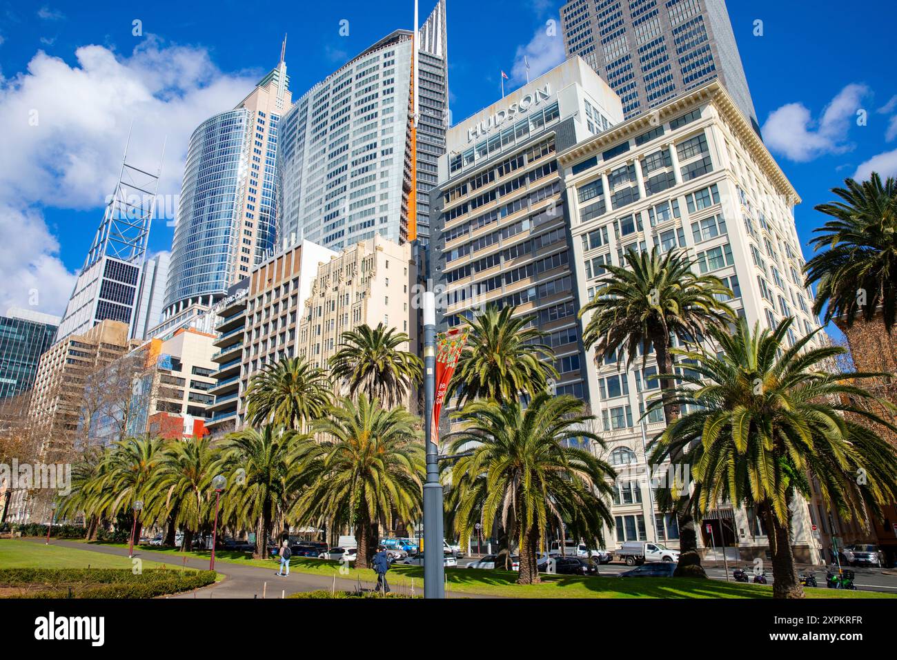 Centro di Sydney, palme e grattacieli di uffici lungo Macquarie Street con Deutsche Bank Place e Chifley Tower, Sydney CBD, Australia Foto Stock