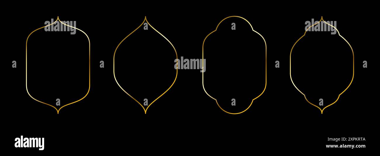 Set di cornici ricurve dorate sottili. Collezione Gold con bordi curvi in stile orientale. Fascio sottile di forma a punta con lucidatura lineare. Pacchetto di elementi luminosi per bordi per foto, quadro, poster, cartolina. Vettore Illustrazione Vettoriale