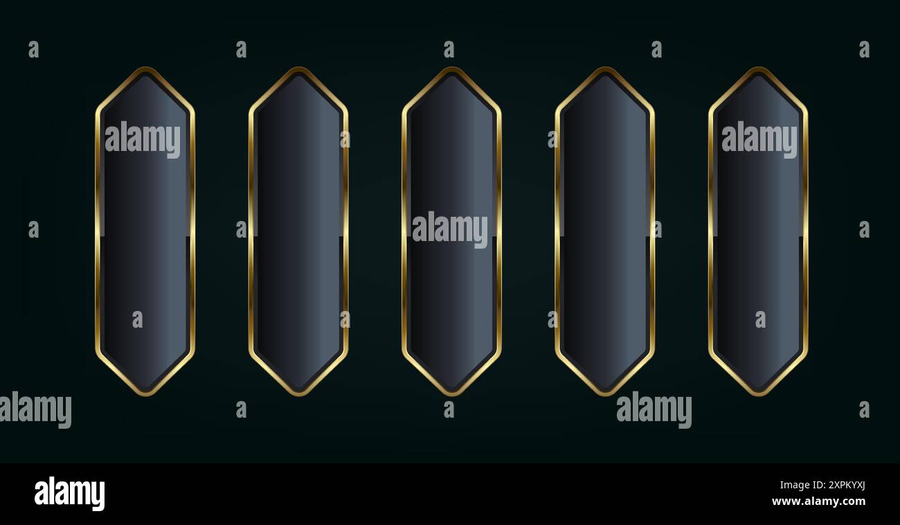 CINQUE pulsanti di stili art deco isolati su sfondo nero. Illustrazione vettoriale realistica dei pulsanti in bronzo, oro e argento di lusso dell'interfaccia utente Illustrazione Vettoriale