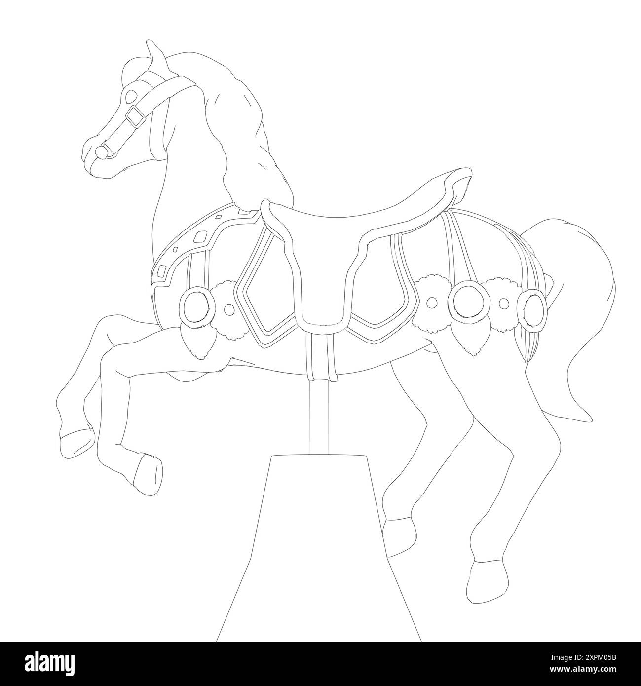 Immagine vettoriale in bianco e nero di un cavallo a carosello su sfondo bianco per l'assemblaggio o per creare materiale didattico per le madri che lo fanno Illustrazione Vettoriale