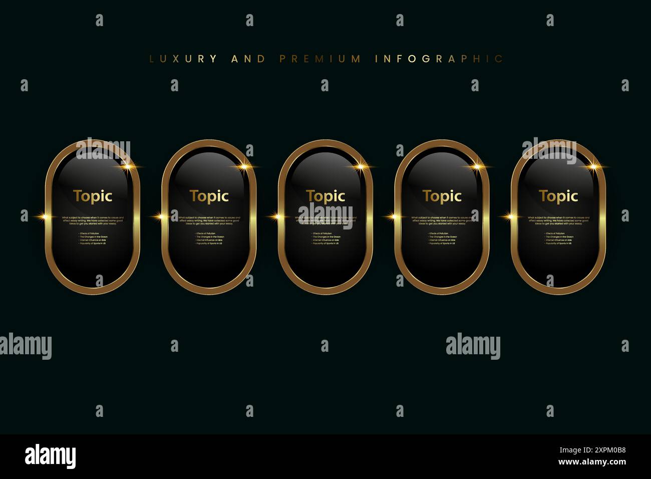 Set di cinque Luxury, pulsante oro lucido, infografica dorata metallizzata, icona vettoriale al buio, bottone piatto a forma di ellisse con vettore dorato Illustrazione Vettoriale