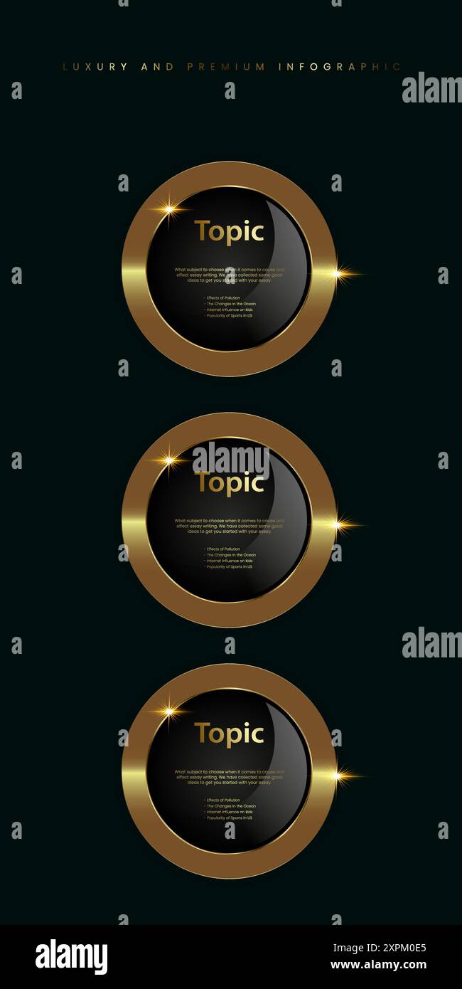 Gruppo di tre persone di lusso, pulsante oro lucido, infografica dorata metallizzata, icona vettoriale su sfondo scuro Illustrazione Vettoriale