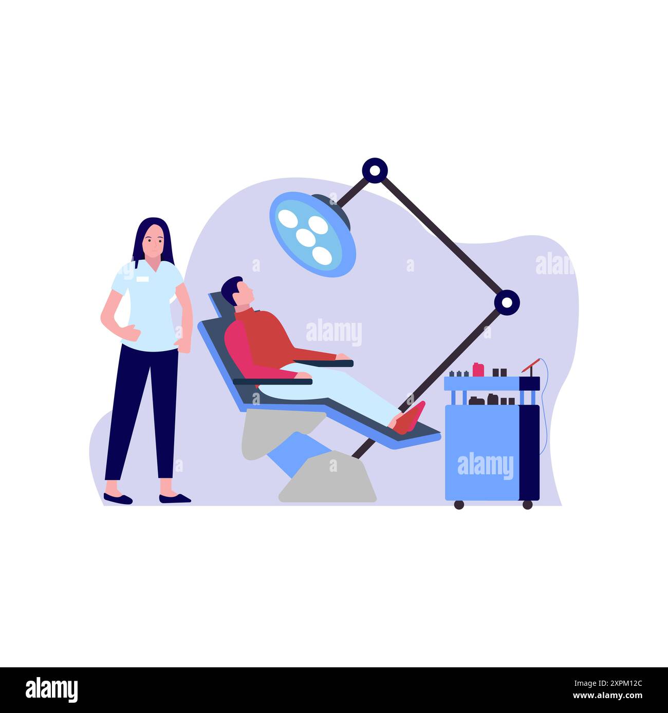 Il dentista è in piedi accanto al paziente. Foto Stock