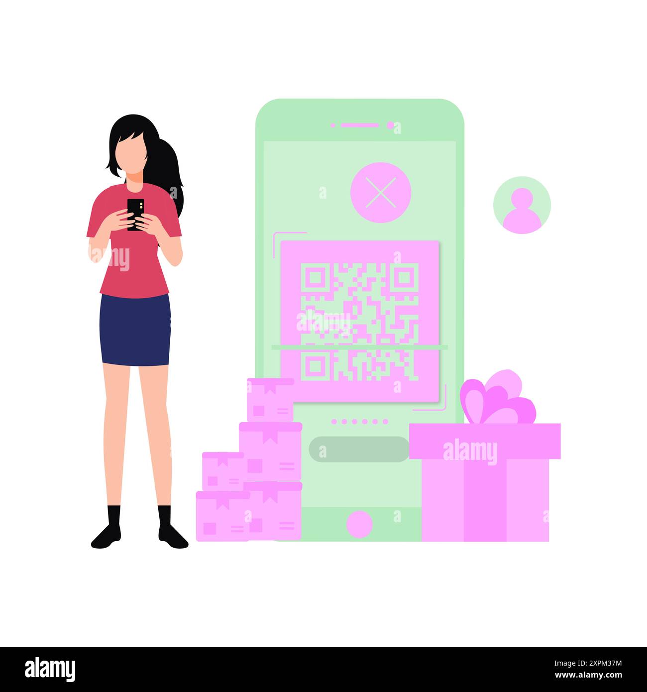 Ragazza che esegue la scansione del codice QR per il pagamento mobile. Foto Stock
