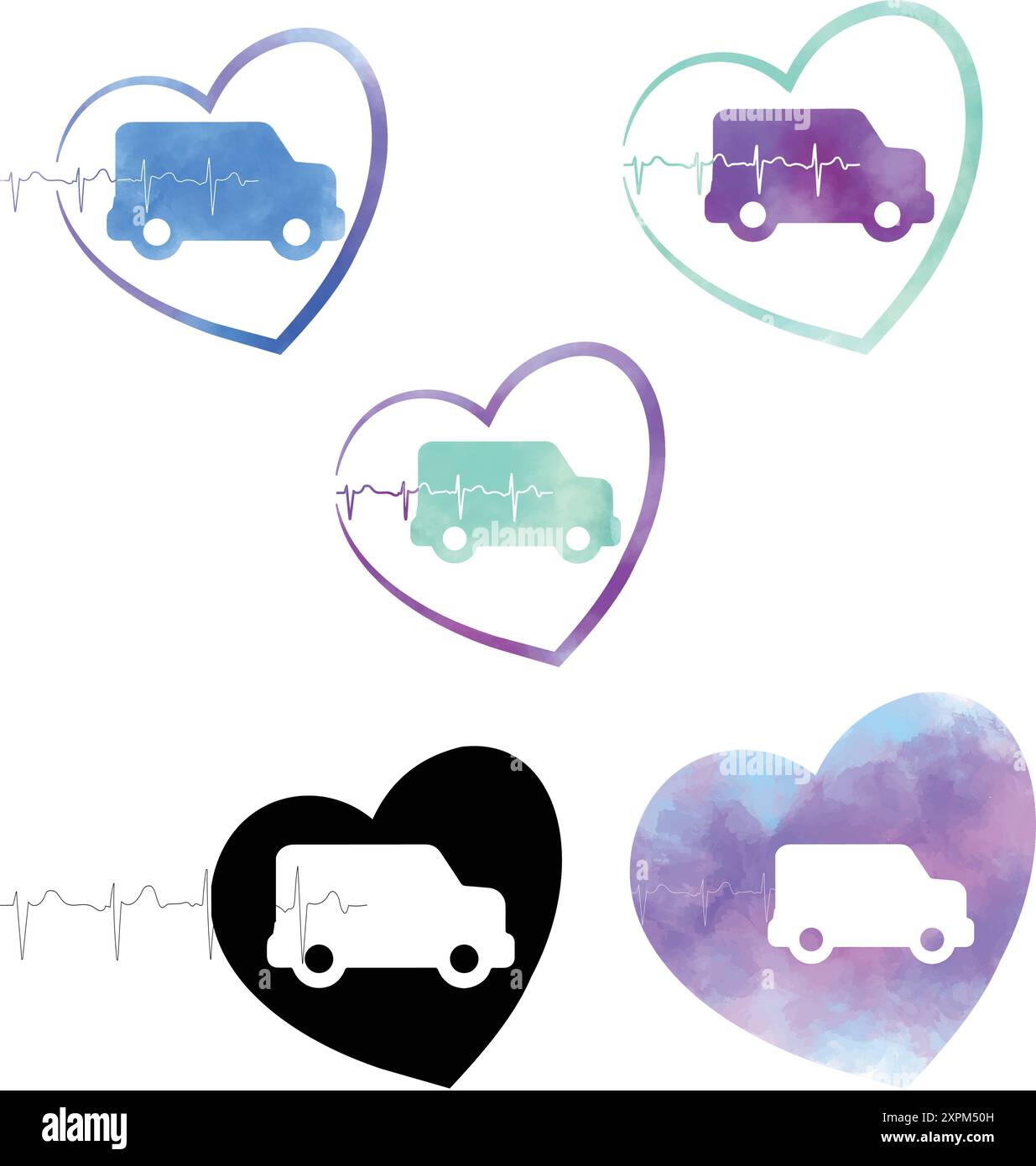 Furgone medicale con design vettoriale cardiaco, logo, concept logo medicale, ascoltare con linee ecologiche e furgone medicale Illustrazione Vettoriale