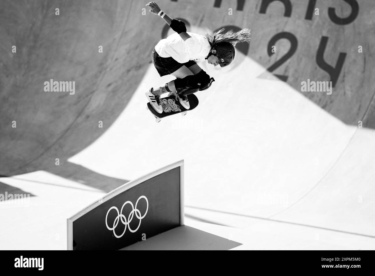 Parigi, Francia. 6 agosto 2024. NAIA LASO di Spagna partecipa alla finale di skateboard femminile a la Concorde durante i Giochi Olimpici di Parigi del 2024 il 6 agosto 2024. Foto di Julien Poupart/ABACAPRESS. COM credito: Abaca Press/Alamy Live News Foto Stock