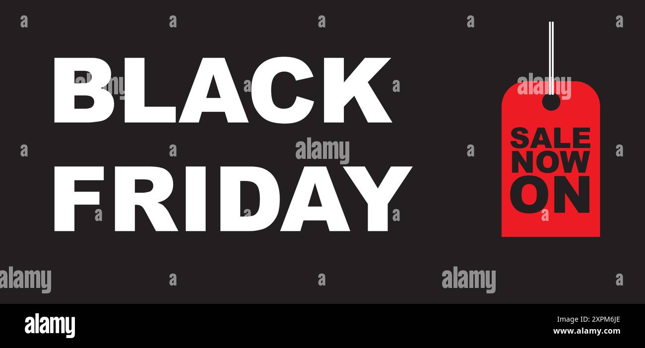 Cartellino con gli sconti del Black Friday con testo in grassetto bianco e un cartellino rosso che indica "sconti ora disponibili" Illustrazione Vettoriale