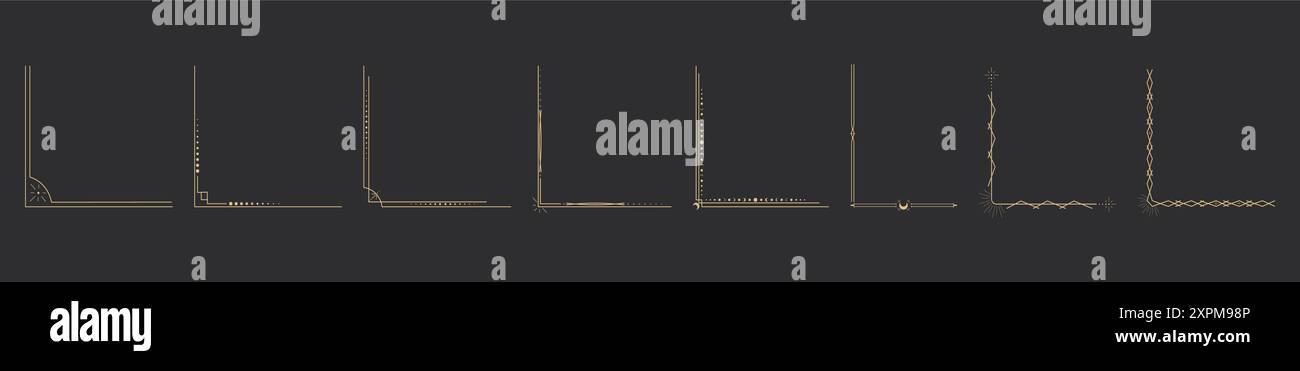 Angolo celeste divisorio esoterico, bordo dorato. Linea mistica incorniciata da luna e stella. Decorazione mistica dorata, stelle scintillanti, sole. . Illustrazione vettoriale Illustrazione Vettoriale
