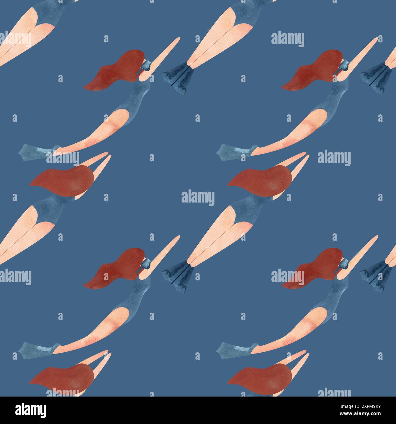 Motivo senza cuciture con donne fluttuanti in stile vintage. Nuoto. Illustrazione acquerello su sfondo blu Foto Stock