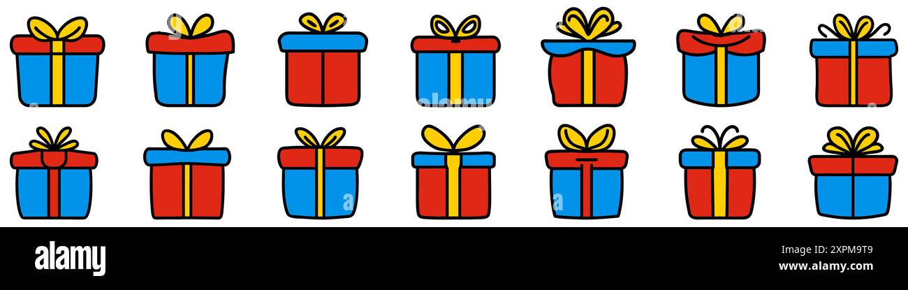 Icona della confezione regalo. Set di confezioni regalo disegnate con fiocco. Collezione di graziose confezioni regalo. Illustrazione Vettoriale