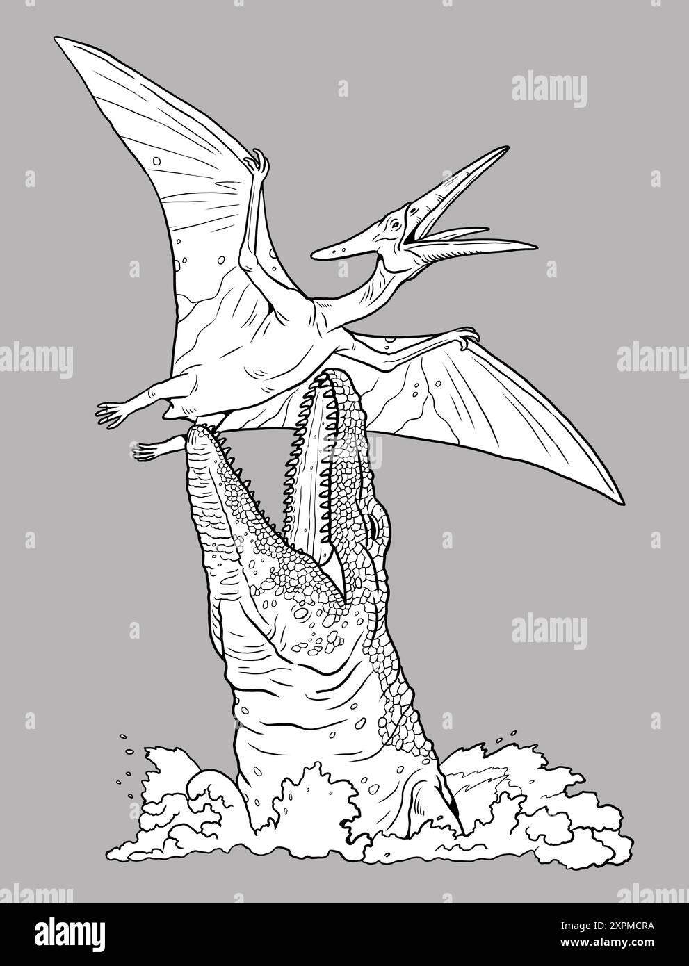 Mosasaurus attacca uno Pteranodon volante dall'acqua. Disegno fatto a mano con creature preistoriche da colorare. Lotta con i dinosauri. Foto Stock