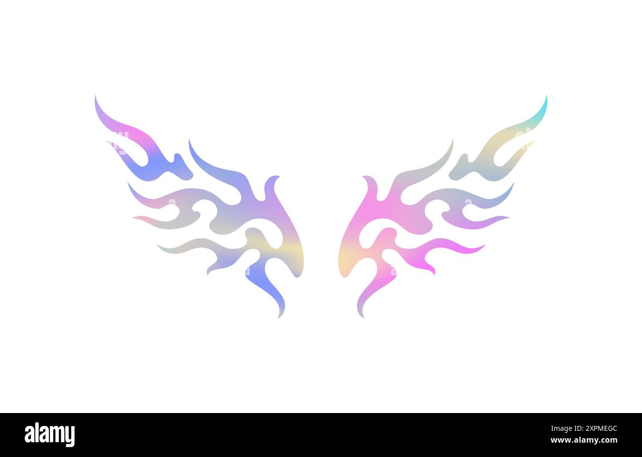 Le ali al neon gradiente in metallo Y2K sparano fiamma icona di arte psichedelica illustrazione piatta vettoriale. Sagoma astratta del carattere alato con ologramma dello spettro dell'arcobaleno Illustrazione Vettoriale