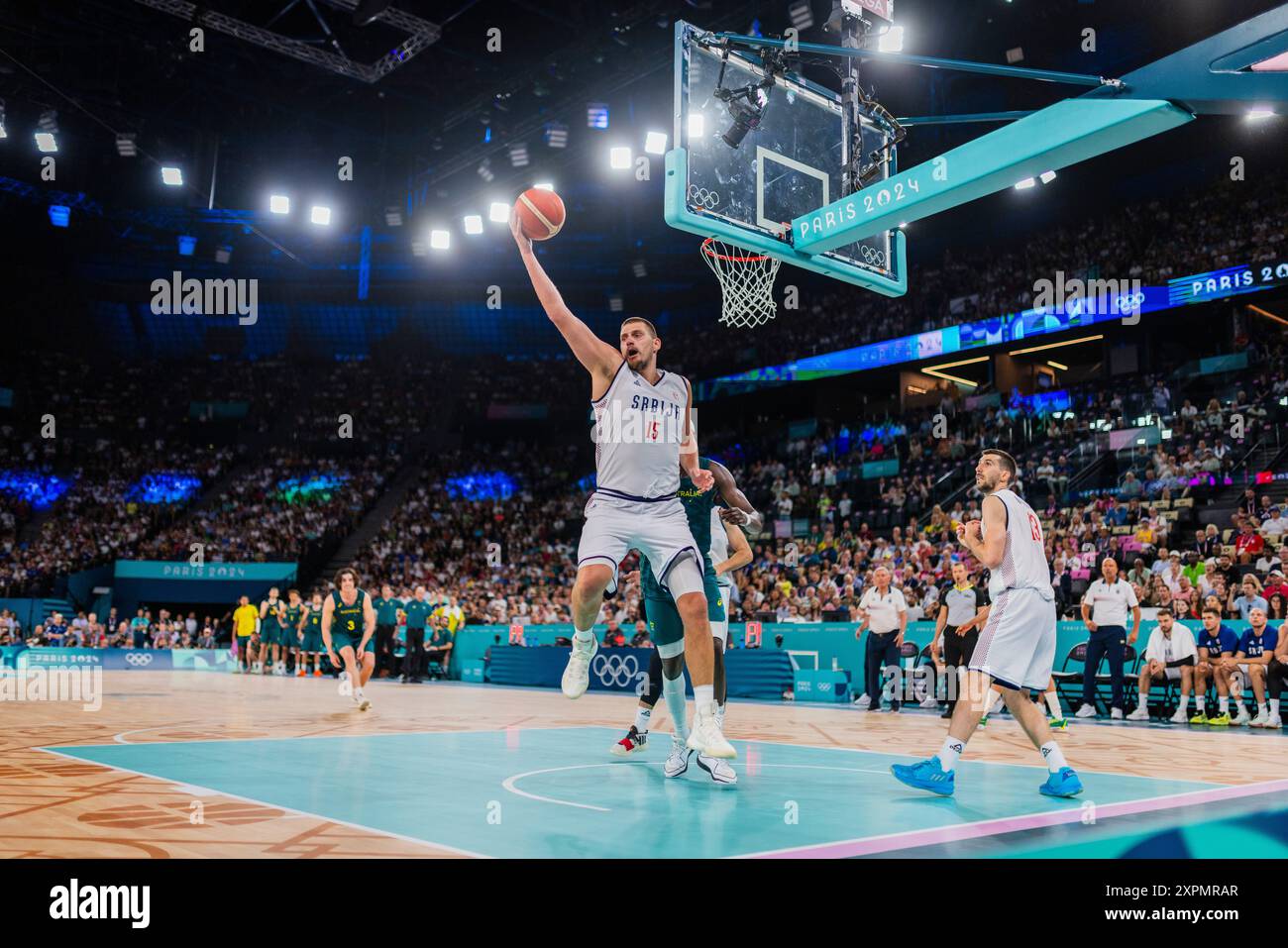 Parigi, Francia. 6 agosto 2024. Nikola Jokic (SRB) Paris 2024 Olympic Games Basketball - Men's Quarterfinal Serbia vs Australia Olympische Spiele 06.08.2024 crediti: Moritz Muller/Alamy Live News Foto Stock