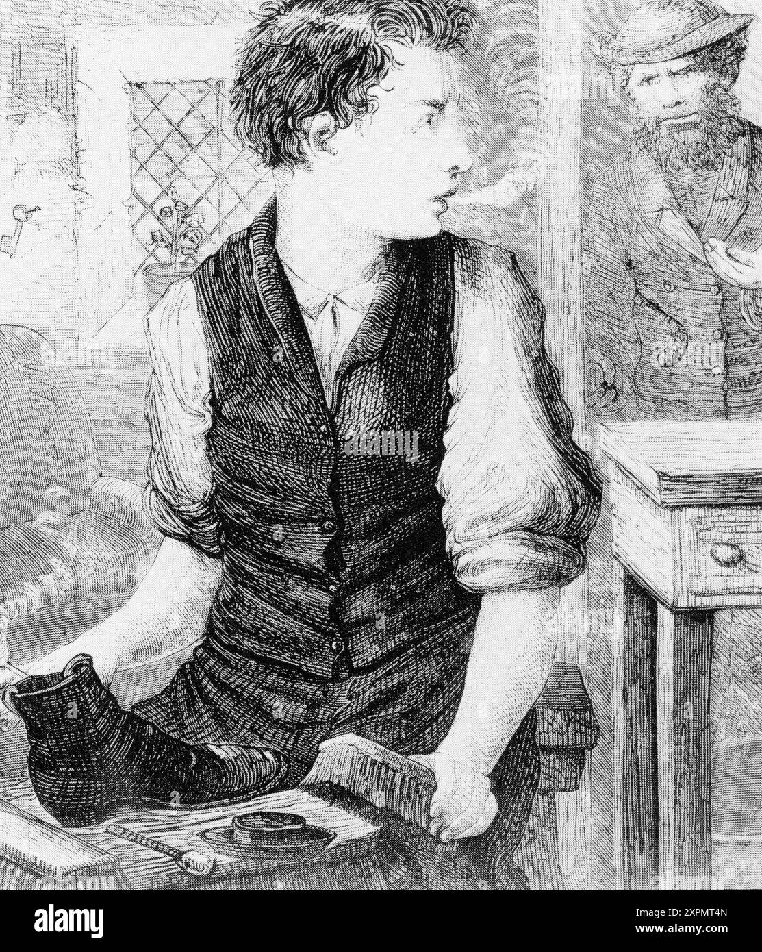 Incisione di un ragazzo che splende le scarpe e prova la pipa di suo padre, ma papà non approva, intorno al 1880 Foto Stock