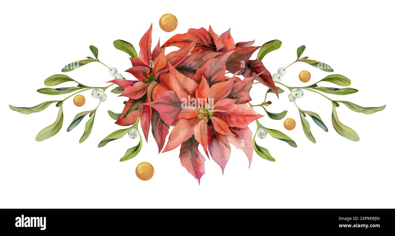 Fiori di Poinsettia, baubles stellari d'oro, foglie di vischio. Acquerello disegnato a mano, bouquet boutonniere isolato su bianco. Natale, felice nuovo Foto Stock