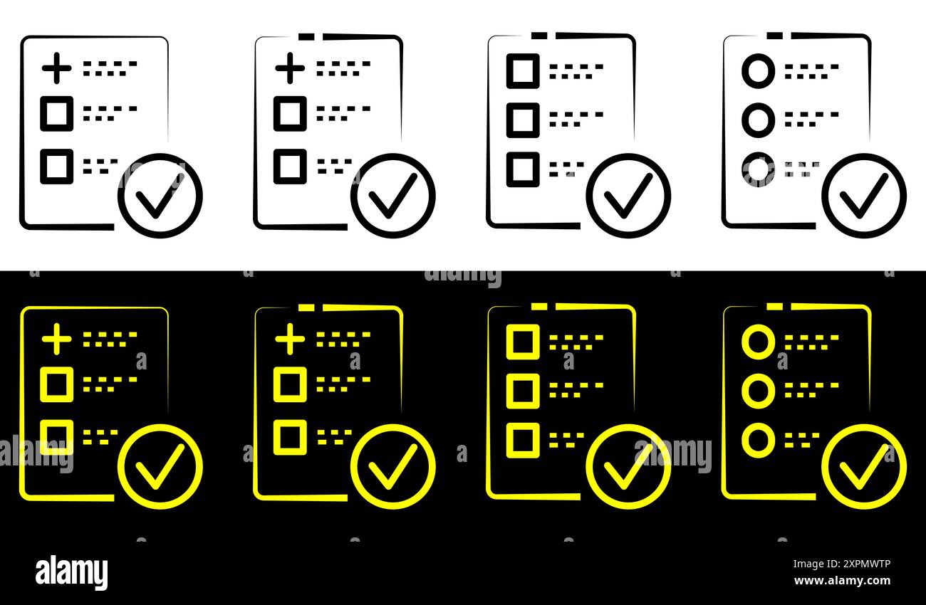 Segno di spunta approvato e dati dei risultati. Simbolo del documento della lista di controllo clinica. Illustrazione Vettoriale