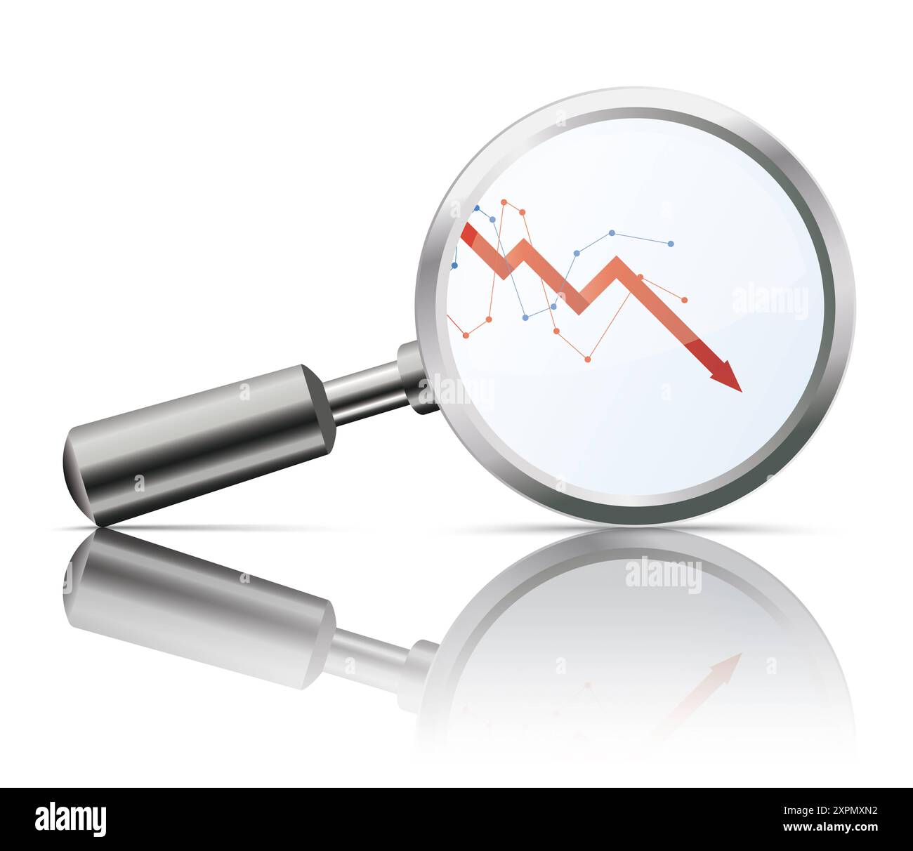 Loupe Stock Market Crash Downtown Chart Loupe con riflesso con grafico cadente su sfondo bianco. Foto Stock