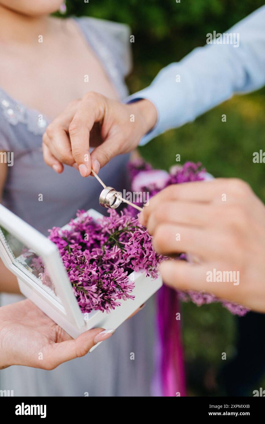 lo sposo veste la sposa con anelli per matrimoni vicino all'arco lilla Foto Stock