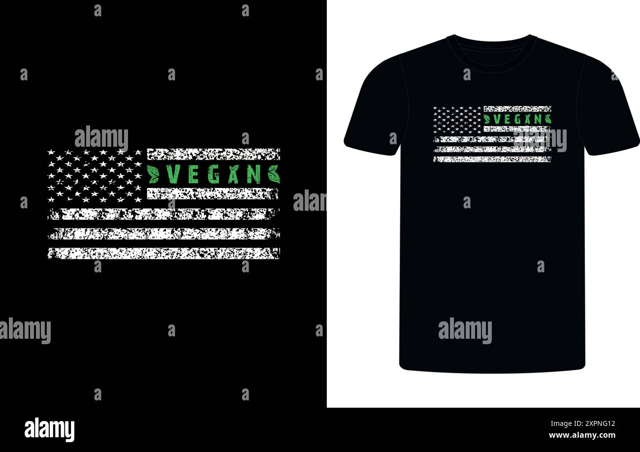 Design Vegan Vintage Flag, modello di design per T-shirt USA Distressed Flag, design camicia per festeggiare il World Vegan Day, design camicia tipografica Vegan Concept Illustrazione Vettoriale