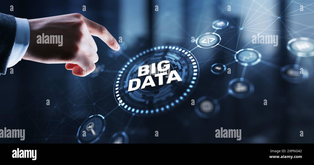 L'uomo d'affari fa clic sull'icona Big data World e Globe interfaccia moderna Foto Stock