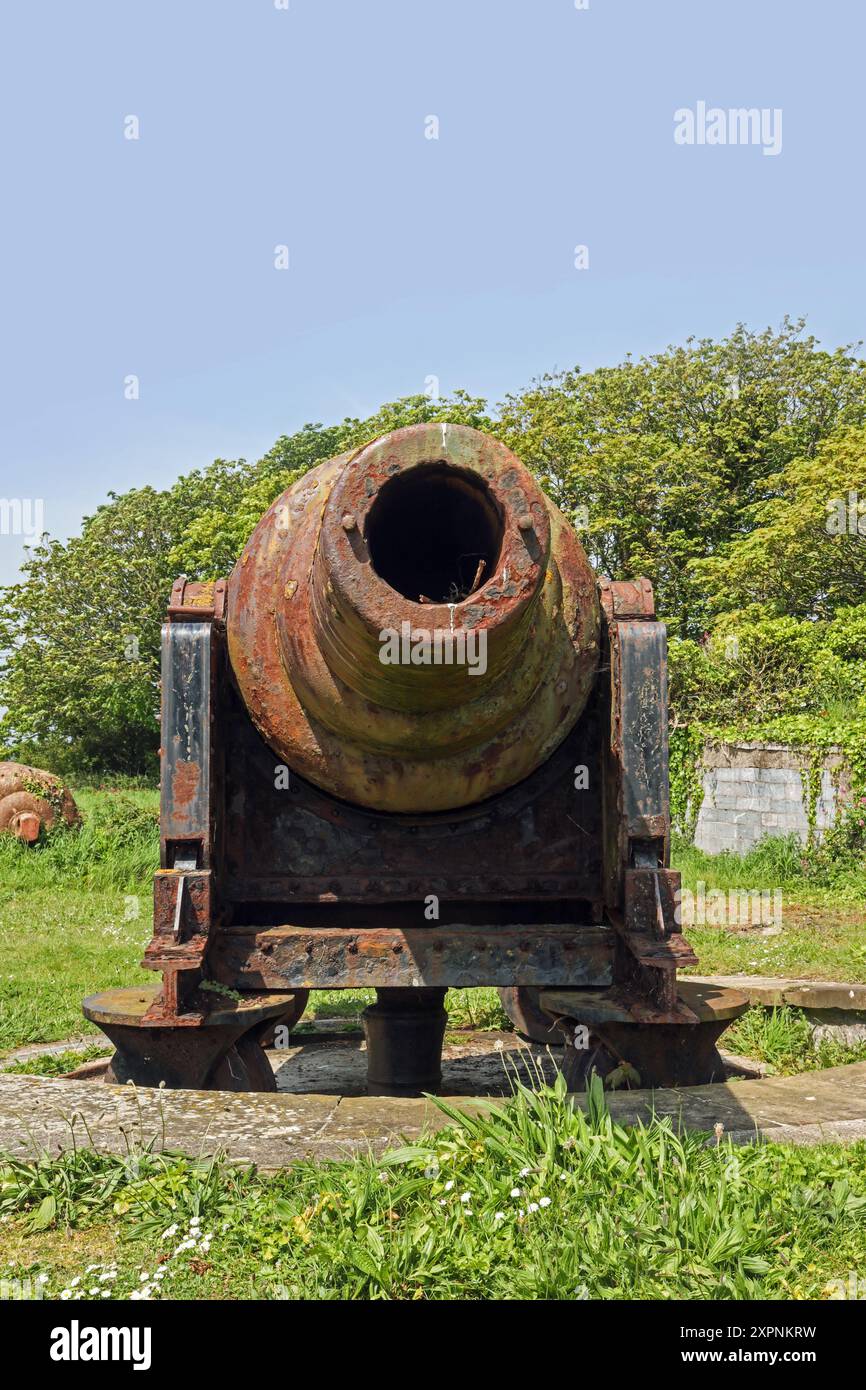 Cannone storico sull'isola di Drake, appena a sud di Plymouth, nello stretto di Plymouth. Acquistato nel 2019 dall'uomo d'affari Morgan Phillips. Pianificazione per il centro storico Foto Stock