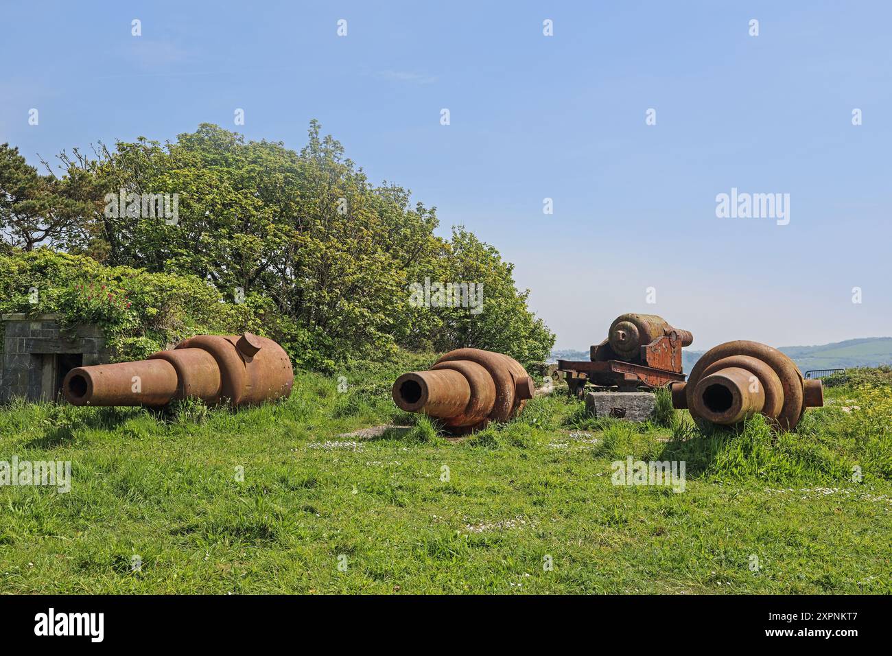 Cannoni storici su Drake's Island appena a sud di Plymouth, nello stretto di Plymouth, che si ritiene essere georgiani. Acquistato nel 2019 dall'uomo d'affari Morgan Phillips. P Foto Stock