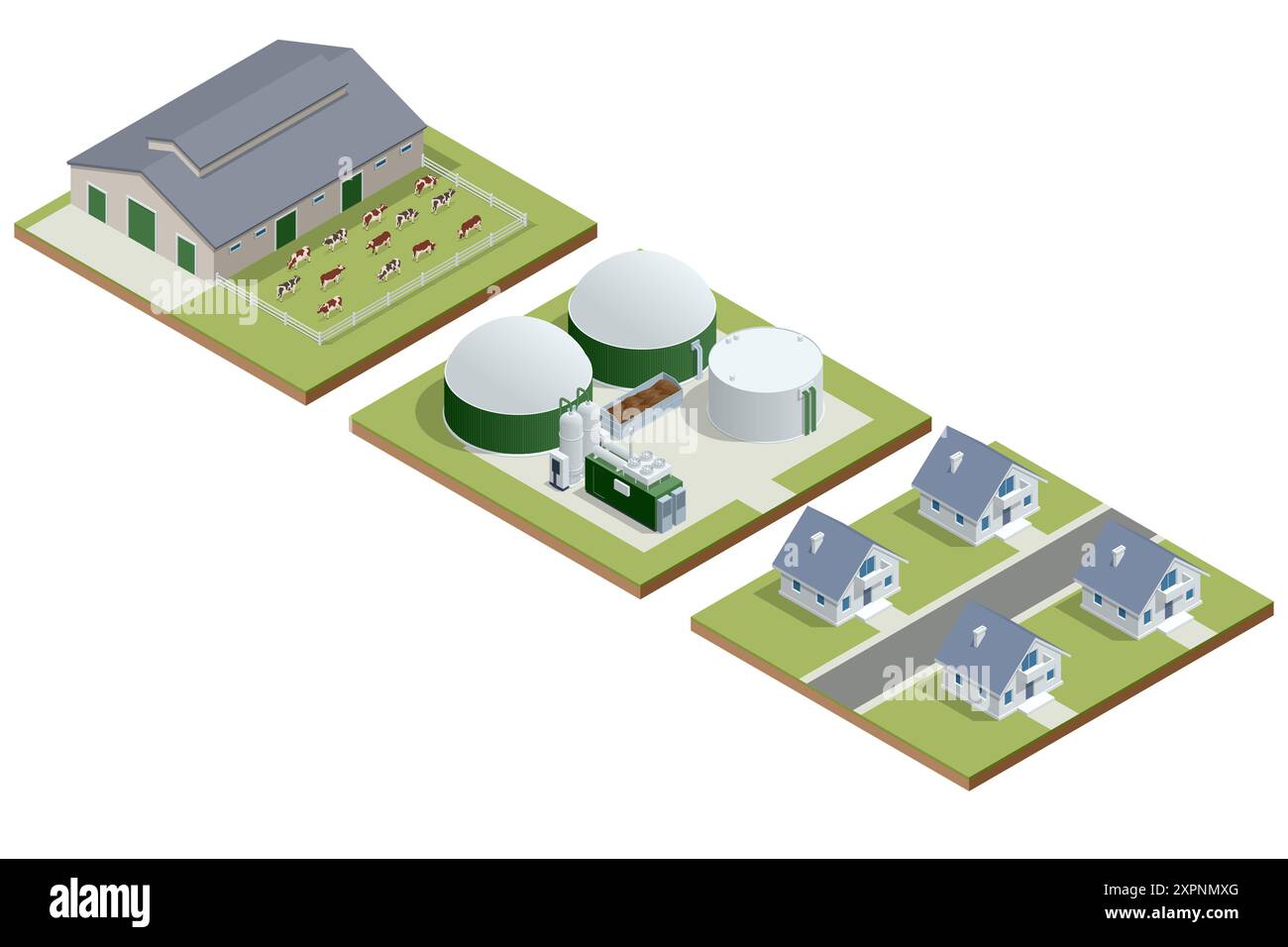 Impianto di biogas moderno Isometric il biogas è un gas combustibile ecologico pulito ed economico prodotto da letame di bestiame e agricolo Illustrazione Vettoriale