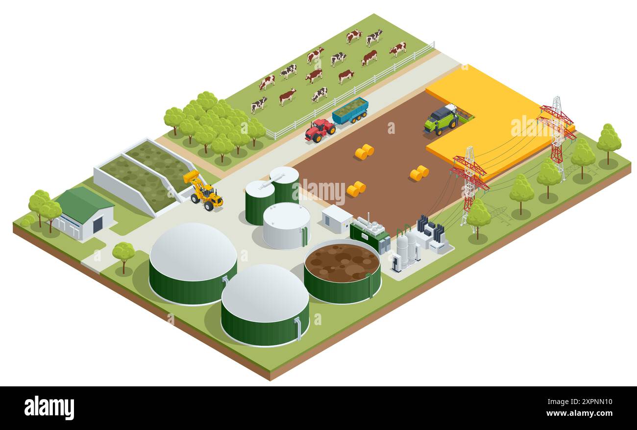Impianto di biogas moderno Isometric il biogas è un gas combustibile ecologico pulito ed economico prodotto da letame di bestiame e agricolo Illustrazione Vettoriale