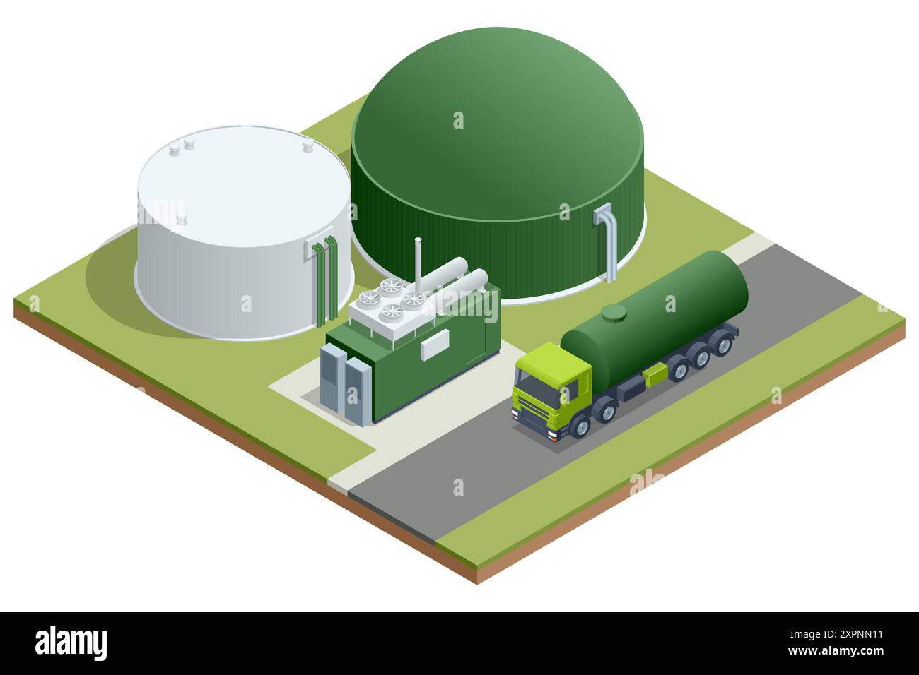 Impianto di biogas moderno Isometric il biogas è un gas combustibile ecologico pulito ed economico prodotto da letame di bestiame e agricolo Illustrazione Vettoriale