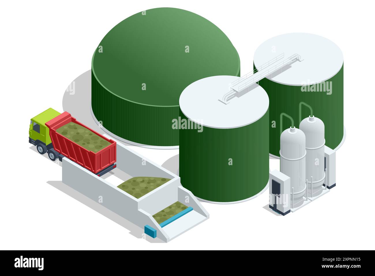 Impianto di biogas moderno Isometric il biogas è un gas combustibile ecologico pulito ed economico prodotto da letame di bestiame e agricolo Illustrazione Vettoriale