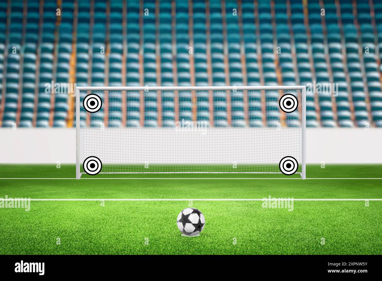 Goal con obiettivi da varie angolazioni in uno stadio di calcio. Il concetto rappresenta il tiro a un bersaglio sia nello sport che negli affari, simboleggiando la precisione di una Foto Stock