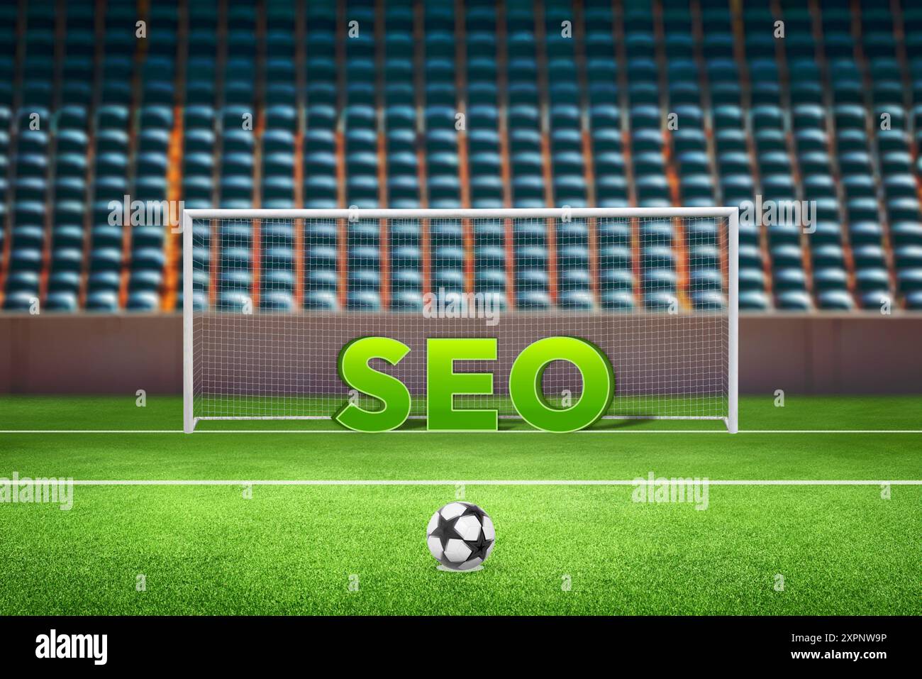 Goal su un campo da calcio con un cartello SEO al centro. Il concetto rappresenta il punteggio nel targeting e nell'ottimizzazione dei motori di ricerca, evidenziando la strategia A. Foto Stock
