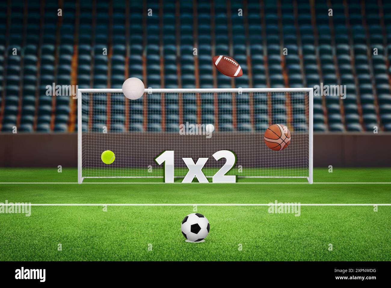 Gol da calcio con un cartello 1x2 e varie palline sportive sul campo, con posti a sedere sullo sfondo. Il concetto rappresenta le scommesse sportive, Highlighti Foto Stock