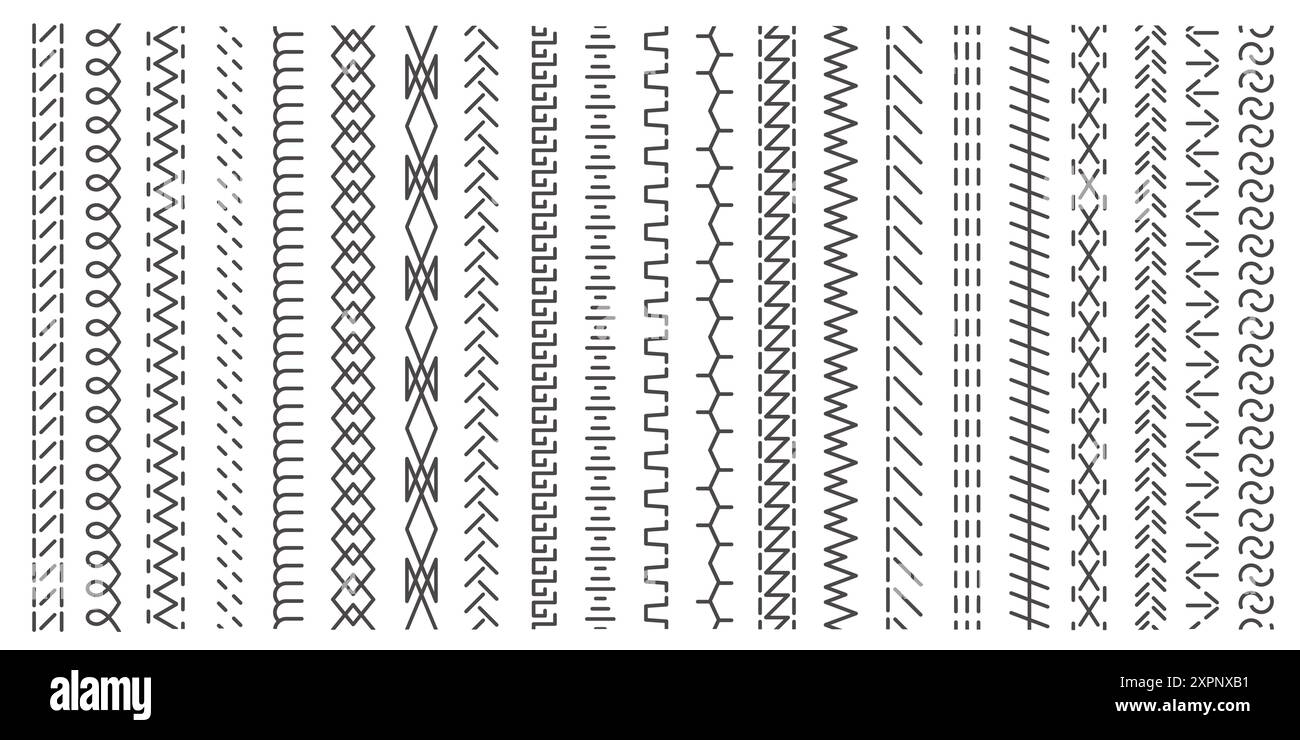 Cuciture verticali senza cuciture. Ricami neri a zigzag, linee e bordi frangiflutti per un design tessile ed elementi da cucire. Set isolato vettoriale Illustrazione Vettoriale