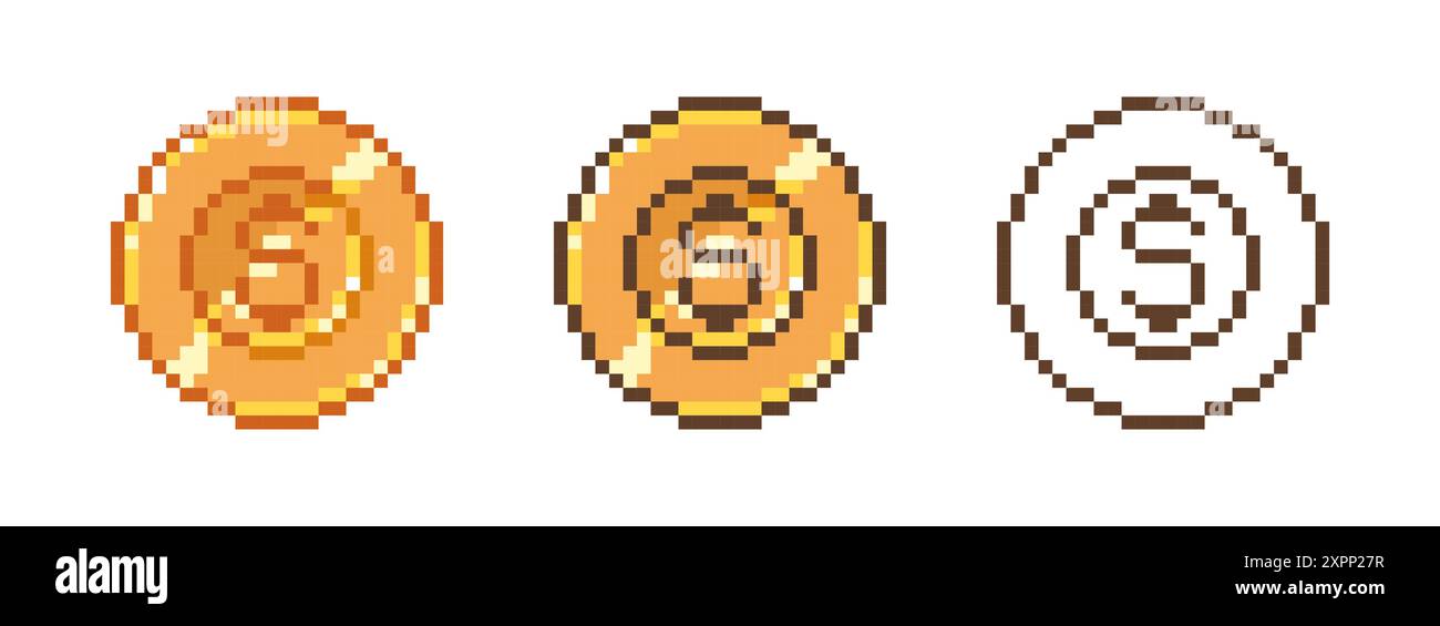 Icona Pixel Coin. Moneta d'oro giallo a 8 bit retrò, gettoni di gioco arcade, sprite 2D a 16 bit per la risorsa di gioco, dollaro pixelato dorato dei cartoni animati. Vettore Illustrazione Vettoriale