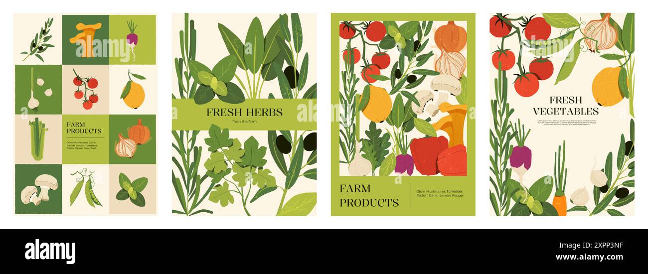 Poster di verdure. Banner cartoni animati con verdure fresche biologiche ed erbe italiane, modello per striscioni naturali con prodotti agricoli locali Illustrazione Vettoriale