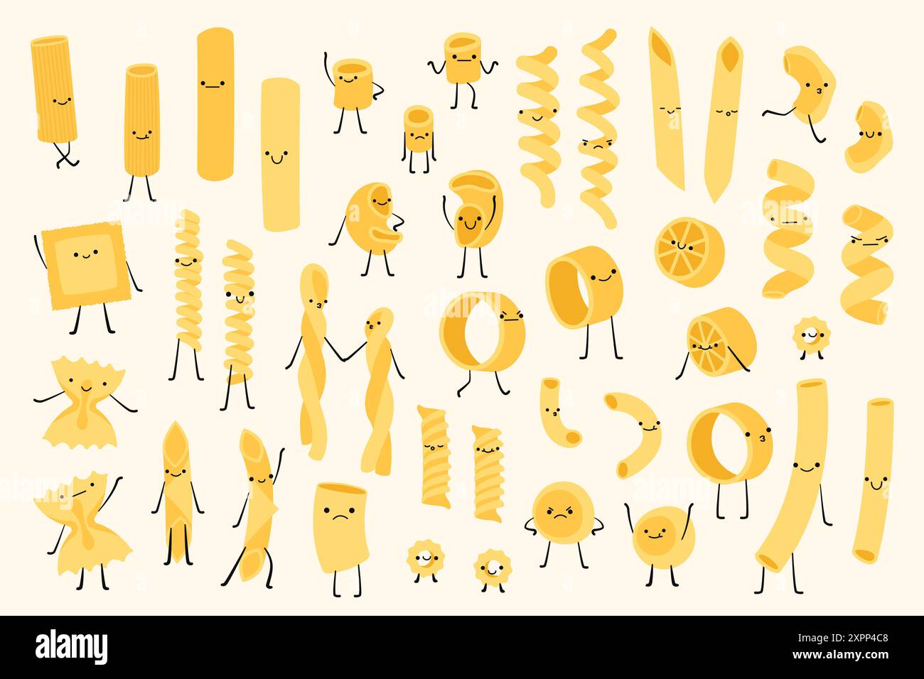 Personaggi di pasta cartoni animati. Simpatiche e divertenti mascotte di cibo italiano con volti felici, diversi tipi di maccheroni e spaghetti, spaghetti, penne, fusilli e. Illustrazione Vettoriale