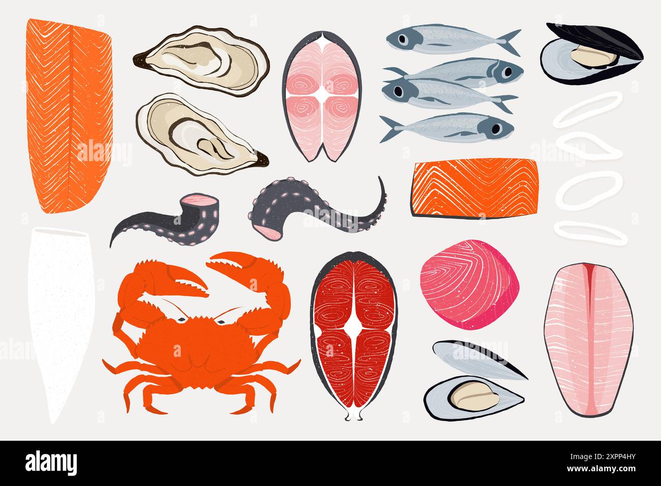 Cartoni animati a base di pesce. Pesce marino e crostacei disegnati a mano, polipo doodle, granchio calamaro, cozze ostriche per il menu del ristorante. Set isolato vettoriale Illustrazione Vettoriale