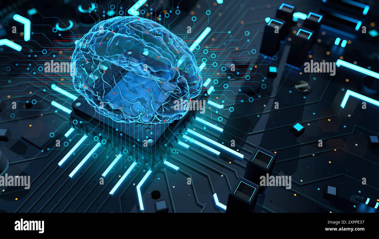Cervello trasparente con luce blu sul microchip su una scheda a circuito complesso. Concetto di intelligenza artificiale. Illustrazione 3D. Foto Stock