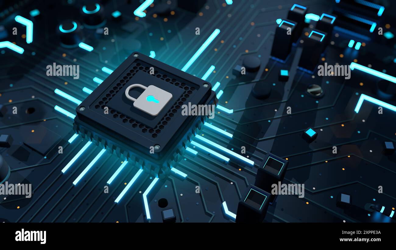 Vista ravvicinata dell'icona del lucchetto con luce blu sul microchip su una scheda a circuito stampato complessa. Concetto di sicurezza digitale. Illustrazione 3D. Foto Stock