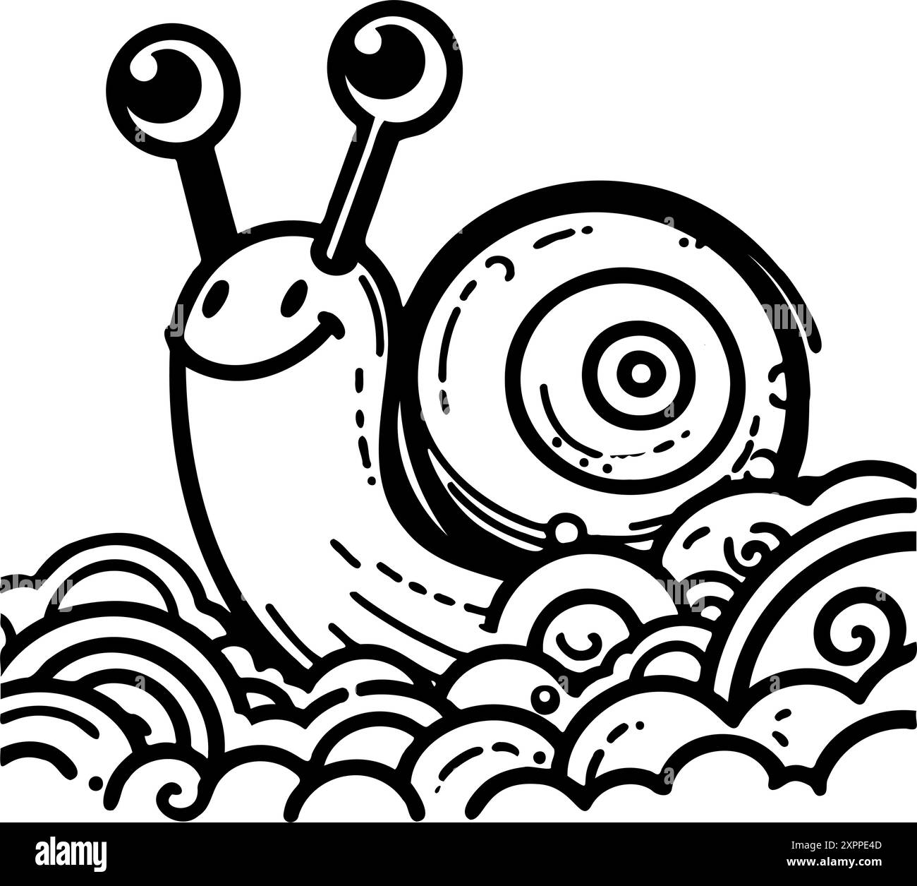 Un disegno in bianco e nero di una lumaca felice. La lumaca sorride e ha gli occhi grandi. La lumaca è circondata da molti piccoli cerchi, che danno l'impressione di un'onda o di un mare Illustrazione Vettoriale