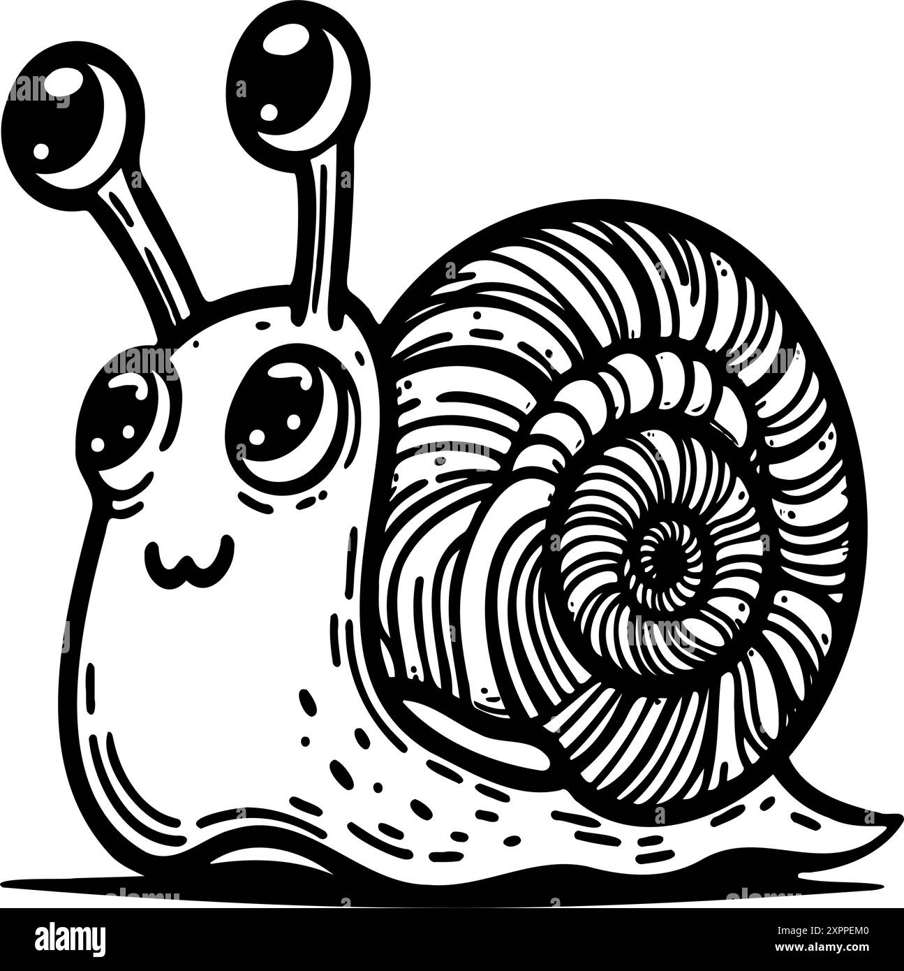 Una simpatica lumaca cartoni animati con grandi occhi e un sorriso. La lumaca è disegnata in bianco e nero Illustrazione Vettoriale