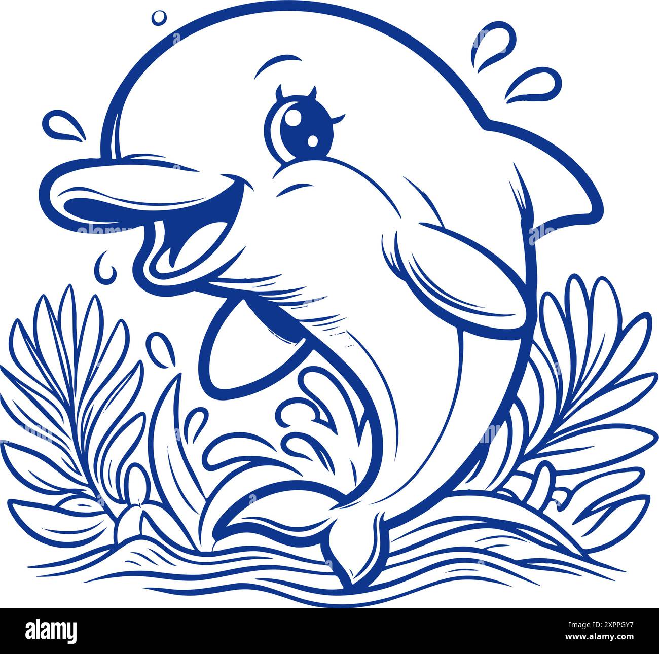 Un delfino cartoni animati sta nuotando nell'oceano con la bocca aperta. Il delfino sorride e lui è felice Illustrazione Vettoriale