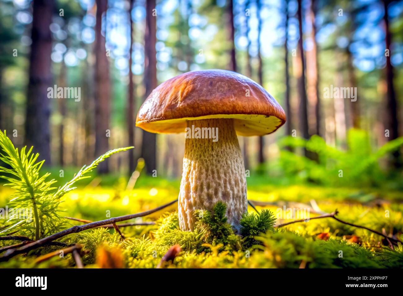 una crescita fungina che in genere assume la forma di un cappuccio a cupola su uno stelo, con branchie sul lato inferiore del tappo. Foto Stock