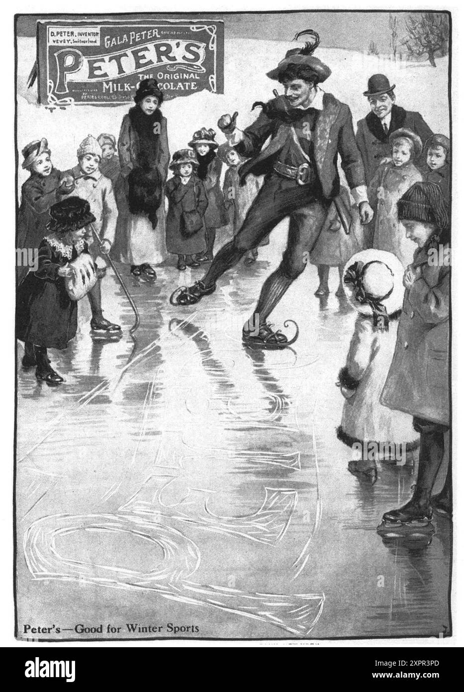 1911 spot sul cioccolato svizzero Peter'a - "buono per gli sport invernali" Foto Stock