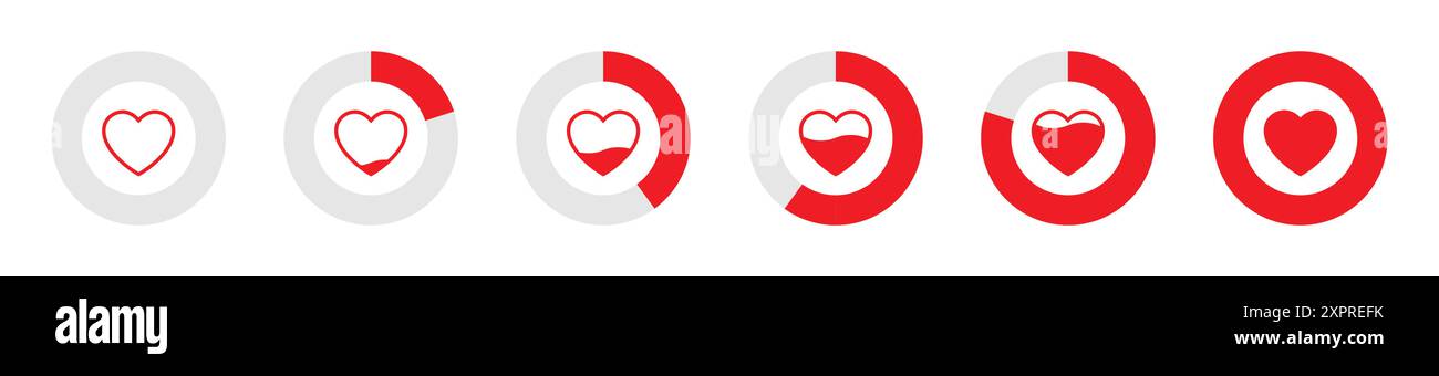 Livelli del misuratore cardiaco o icona dell'indicatore impostati in cerchi a torta divisi in rosso su sfondo bianco. da 0 a 100% del vettore del livello di valutazione cardiaca. Illustrazione Vettoriale