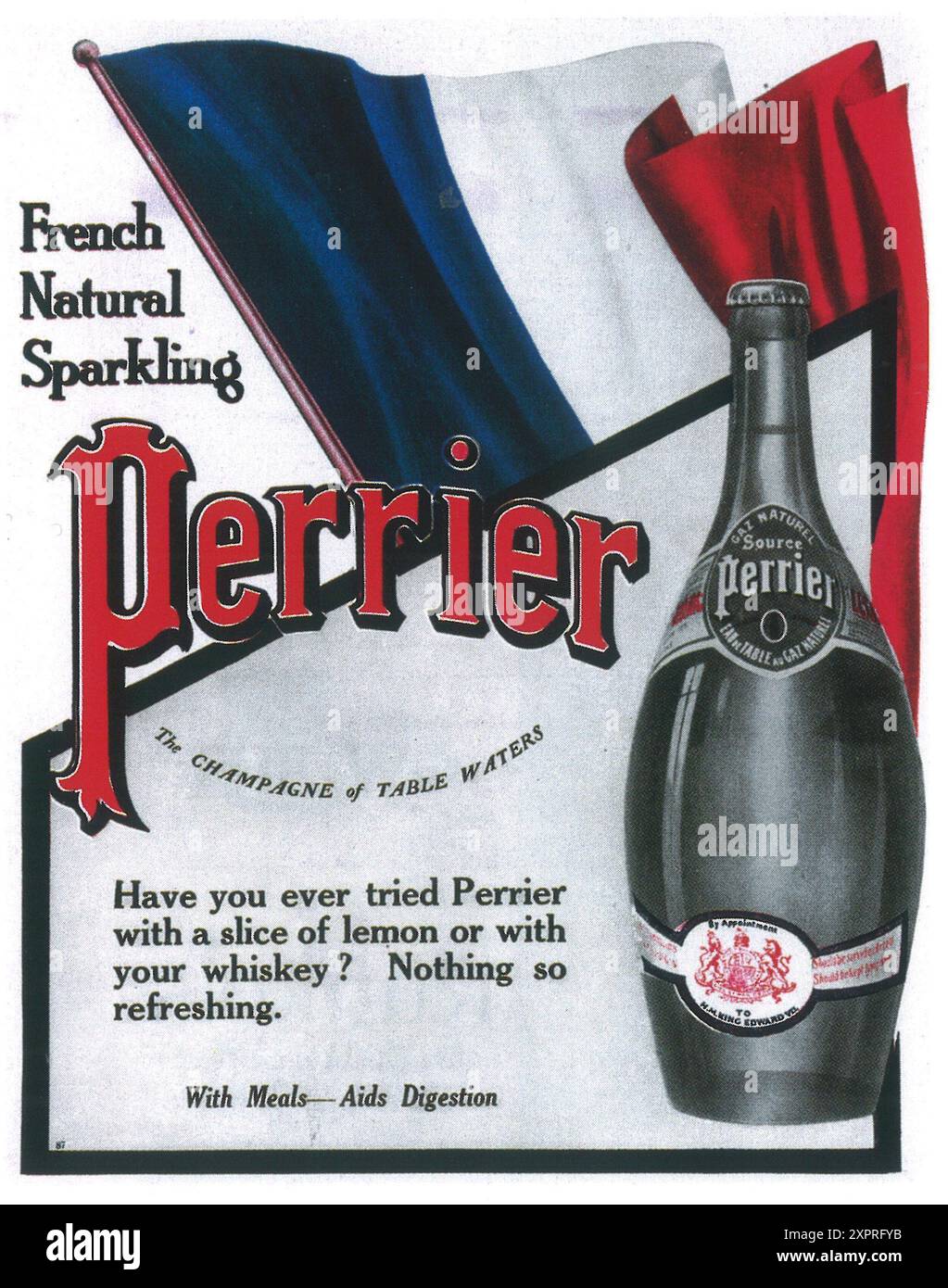 1909 annuncio Perrier French Natural in bottiglia con acqua minerale Foto Stock