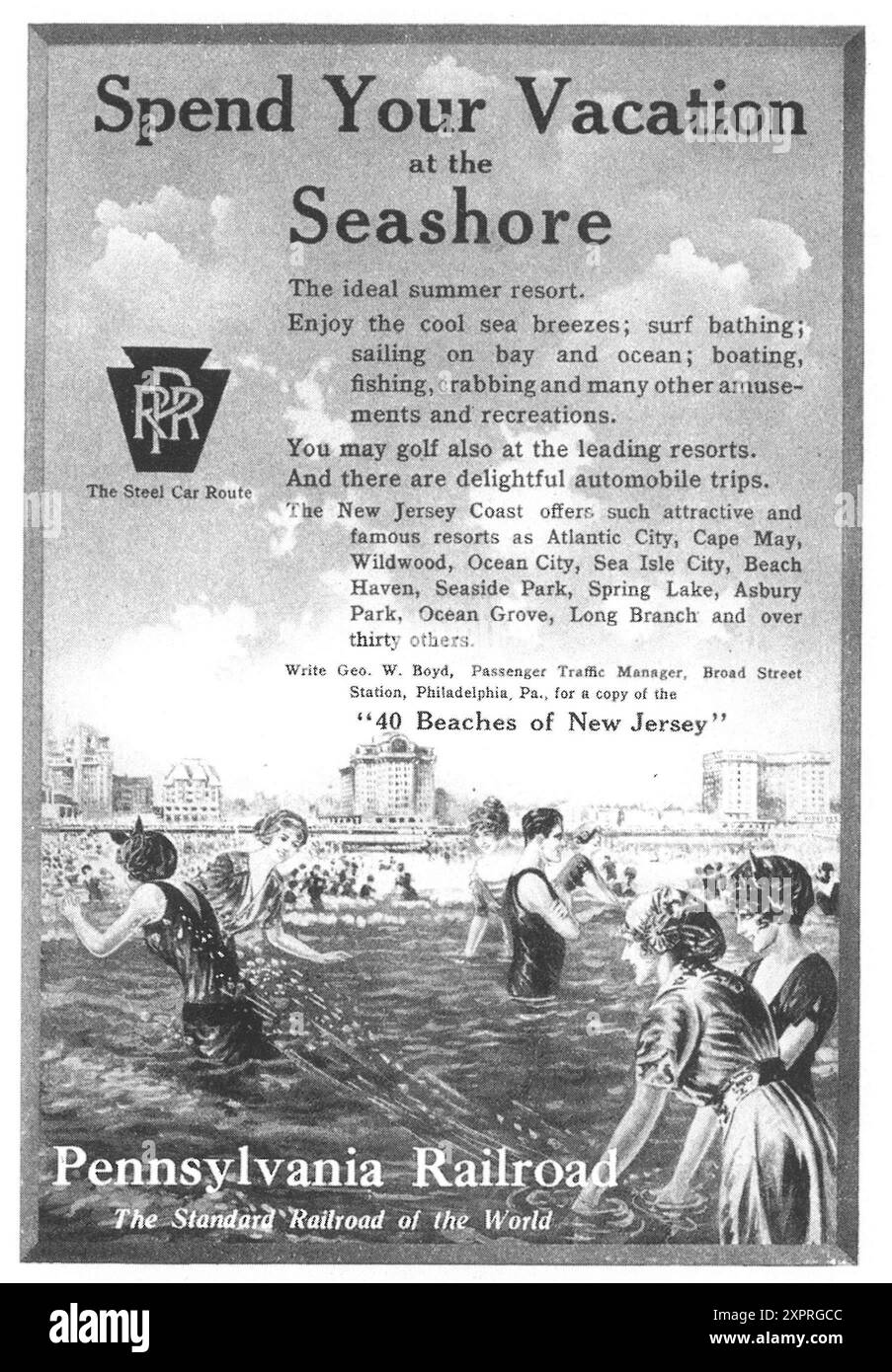 1916 Pennsylvania Railroad ad - "trascorri le tue vacanze in riva al mare" - "40 spiagge del New Jersey" Foto Stock