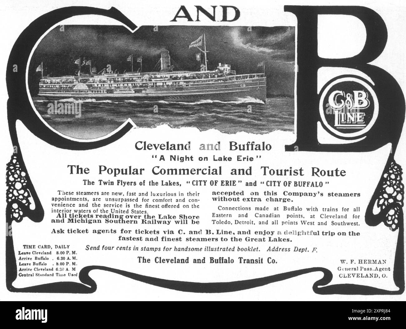 1905 crociera a vapore C and B Cleveland and Buffalo Transit Co ad - piroscafi 'City of Erie' e 'City of Buffalo' Foto Stock