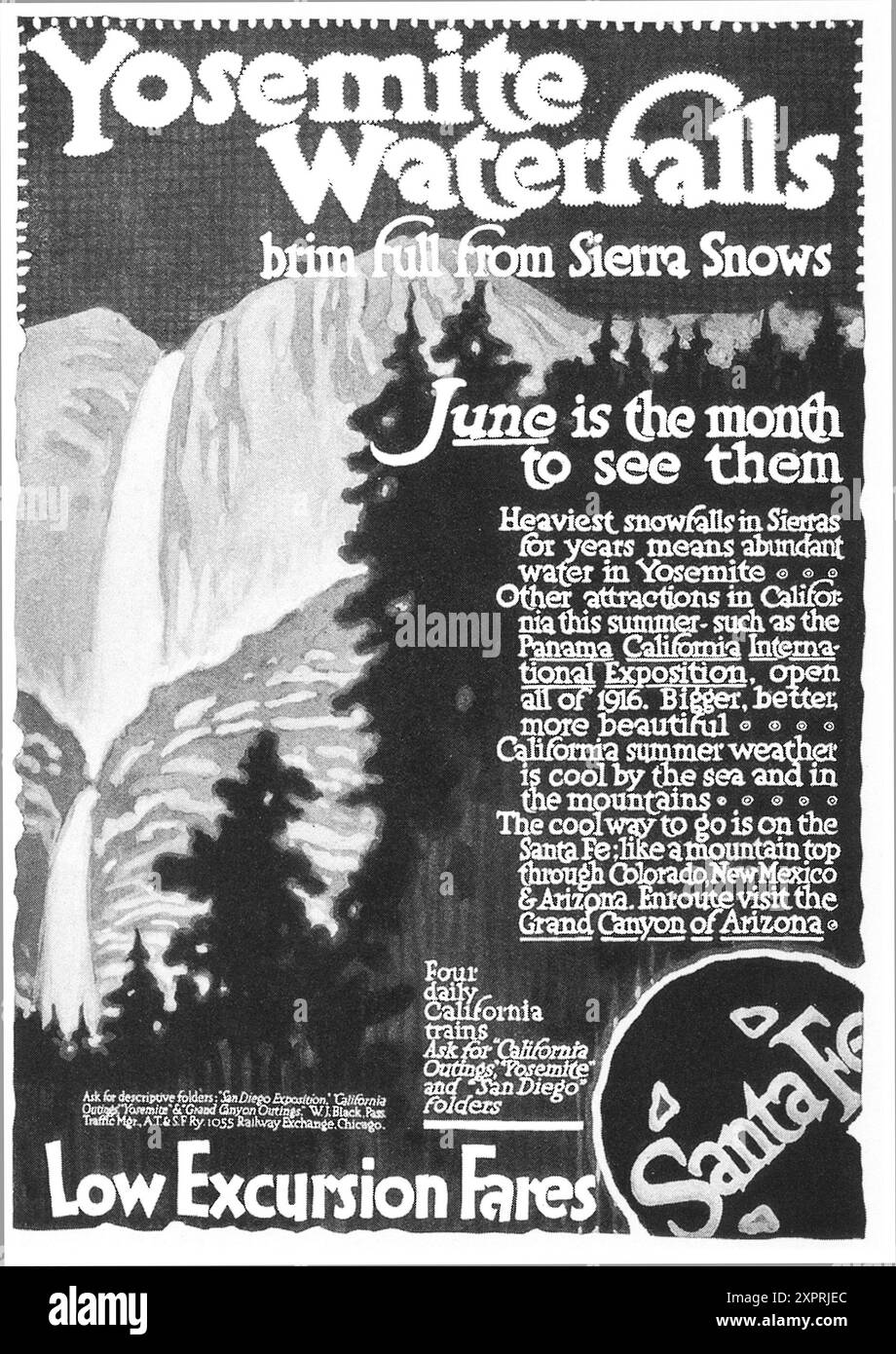 1915 Santa Fe Railway ad - cascate di Yosemite Foto Stock
